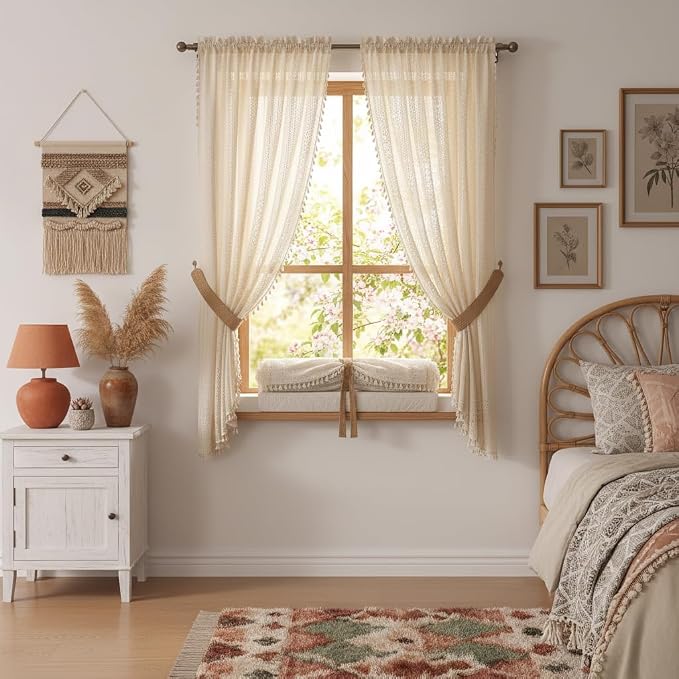 WAZZIO Boho Lace Curtains 63 Inches 2 Panel, Light Filtering Privacy Tassel & - Image 8