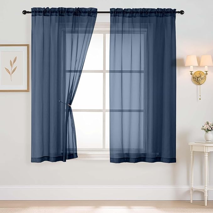 Navy Blue Sheer Curtains 63 Inch Length 2 Panels, Voile Sheer Curtain by Home