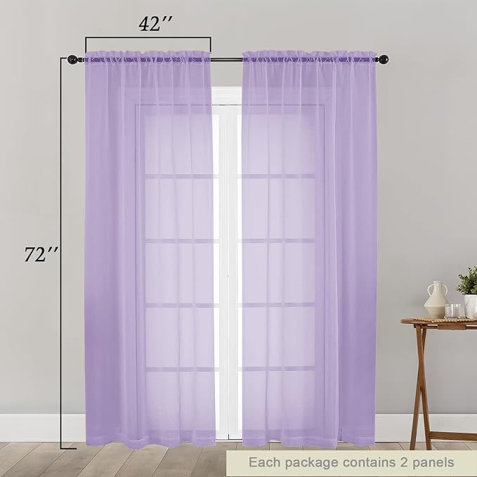 Lavender Sheer Curtain for Bedroom Living Room 72 Inches Long 2 Panels Set - Image 2