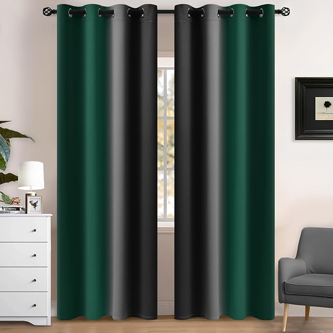 Yakamok Blackout Ombre Dark Green and Black Curtains-Gradient Room Darkening by Yakamok