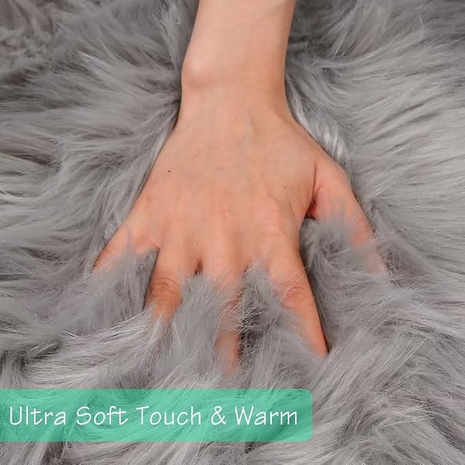 duduta Gray Faux Sheepskin Chair Seat Covers, Fluffy Shag Fur Throw Rugs Room - Image 2