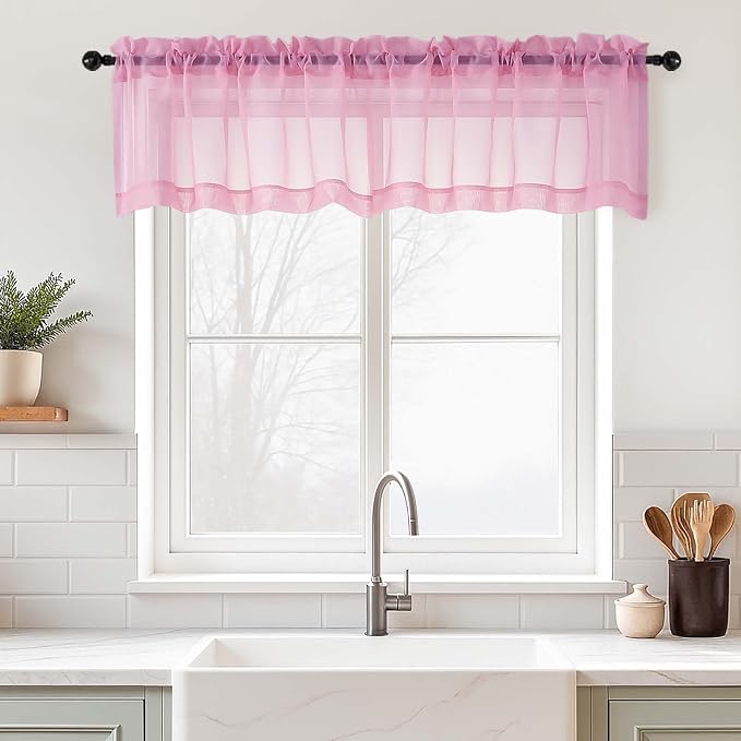 Light Pink Valances for Windows 14 inch Length 2 Panels, Small Voile Sheer by Home