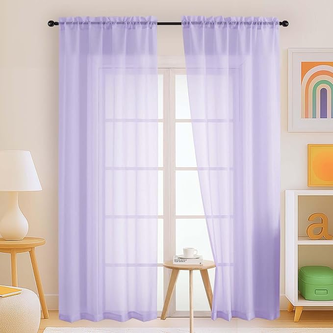 Lavender Sheer Curtains 90 Inches Long 2 Panels, Light Filtering Solid Sheer by Home
