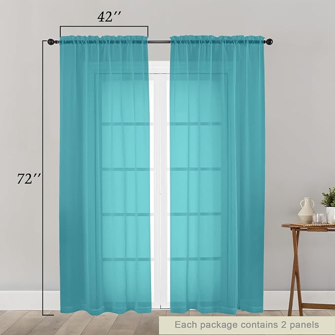 Turquoise Sheer Curtain for Bedroom Living Room 72 Inches Long 2 Panels Set - Image 2