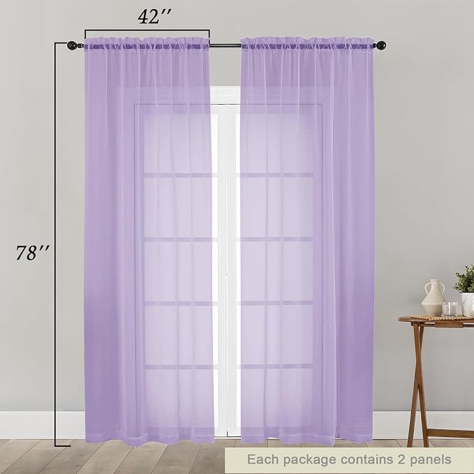 Lavender Sheer Curtain for Bedroom Living Room 78 Inches Long 2 Panels Set - Image 2
