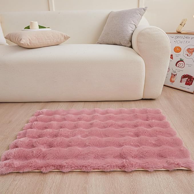 Pink Rabbit Plush Rug 2'x3', Fluffy Faux Fur Shaggy Area Rug - Image 2