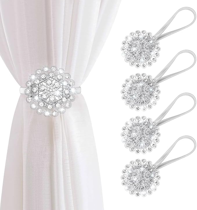 AULEEP Magnetic Curtain Tiebacks, 4 Pack Magnetic Crystal Decorative Drapes by AULEEP