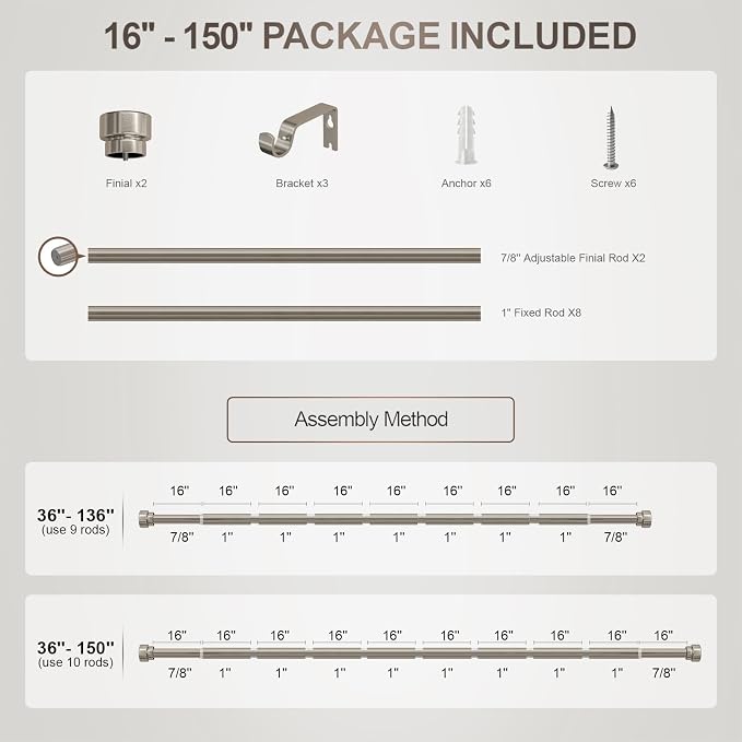 Lootkell Modern Brushed Nickel Curtain Rods - Image 9