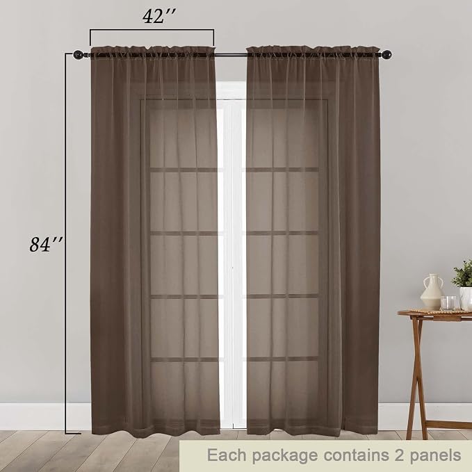 Chocolate Sheer Curtains 84 Inches Long 2 Panels, Soft Light Filtering Curtains - Image 2