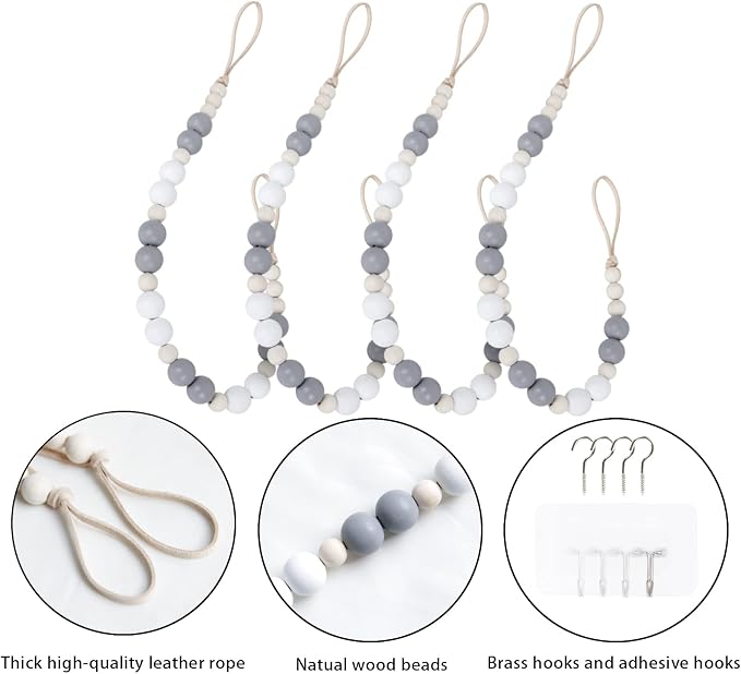 OCIOLI 4 Pieces of Wood Bead Curtain Tieback Boho Curtain Holdbacks Curtain - Image 7