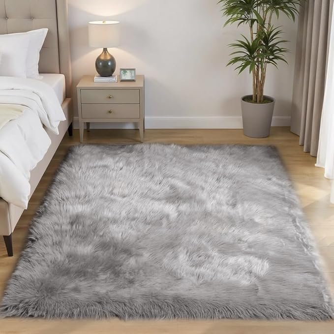 Goolela Fluffy Faux Fur Rug 4x6 Grey Faux SheepskinRug - Image 2