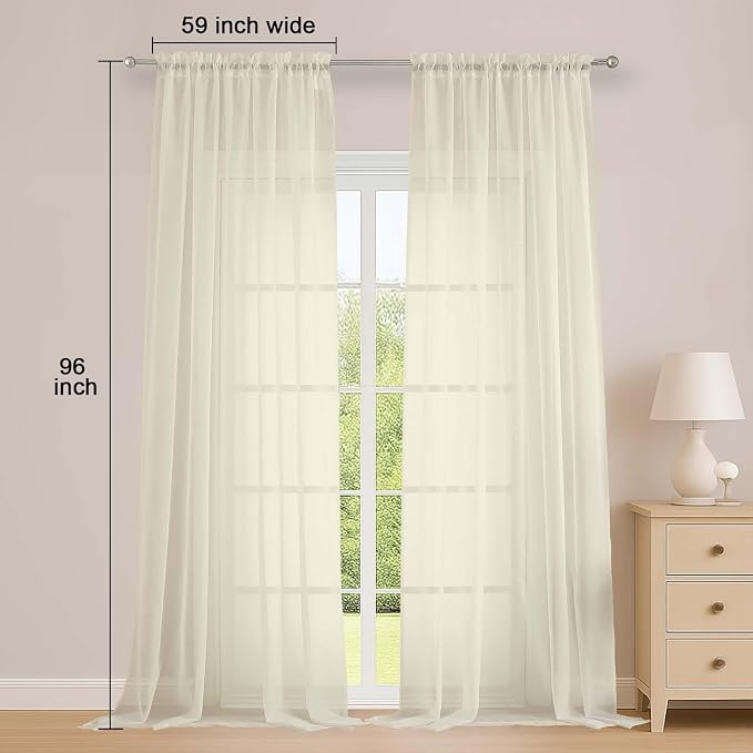 OWENIE Extra Long Cream Sheer Curtains 96 Inches Long 2 Panels Set, Soft - Image 2
