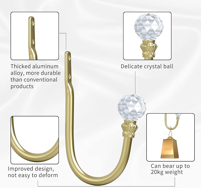 Hion Curtain Holdbacks Gold 2pcs, Curtain Tiebacks Wall Mounted Curtain Hooks - Image 3