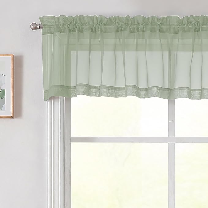 Sage Green Valances for Windows, Sheer Curtains 14 Inch Length 2 Pack Kitchen by WelvetBLK