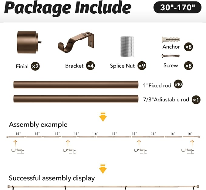 GEEBOBO Bronze Curtain Rods for Windows 120 to 170 Inch, 1 Inch Extra Long - Image 6