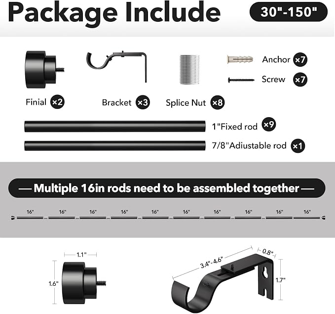 IFELS Heavy Duty Curtain Rods for Windows 72 to 144 Inch, 1 Inch Adjustable - Image 7