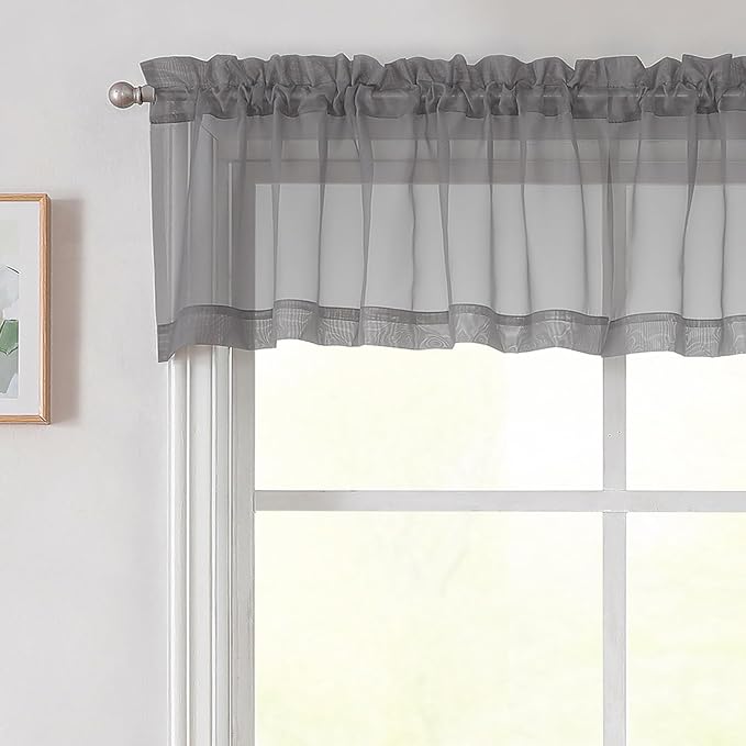 Grey Valances for Windows, Sheer Curtains 14 Inch Length 2 Pack Kitchen Curtain by WelvetBLK