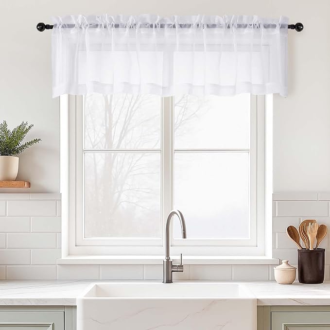 White Valances for Windows 14 inch Length 2 Panels Set, Small Voile Sheer by Home