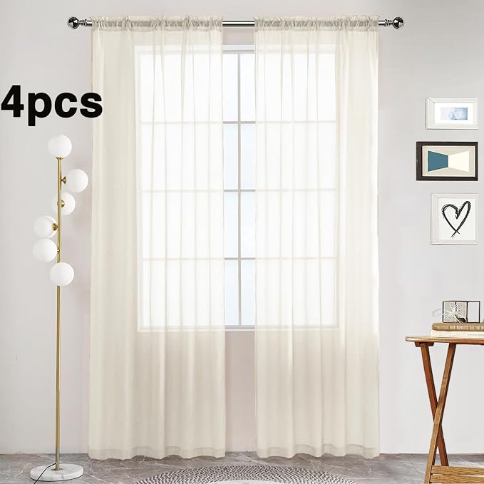 SpaceDresser Ivory Sheer Curtains 4 Panels Rod Pocket Semi-Sheer Curtain 108 - Image 2