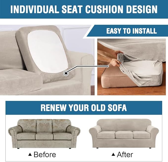 H.VERSAILTEX High Stretch Sofa Slipcover 4 Piece Cover Velvet Furniture - Image 6