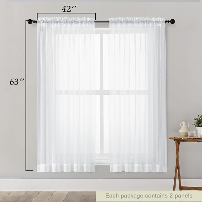 White Sheer Curtains 63 Inch Length 2 Panels Set - Image 2