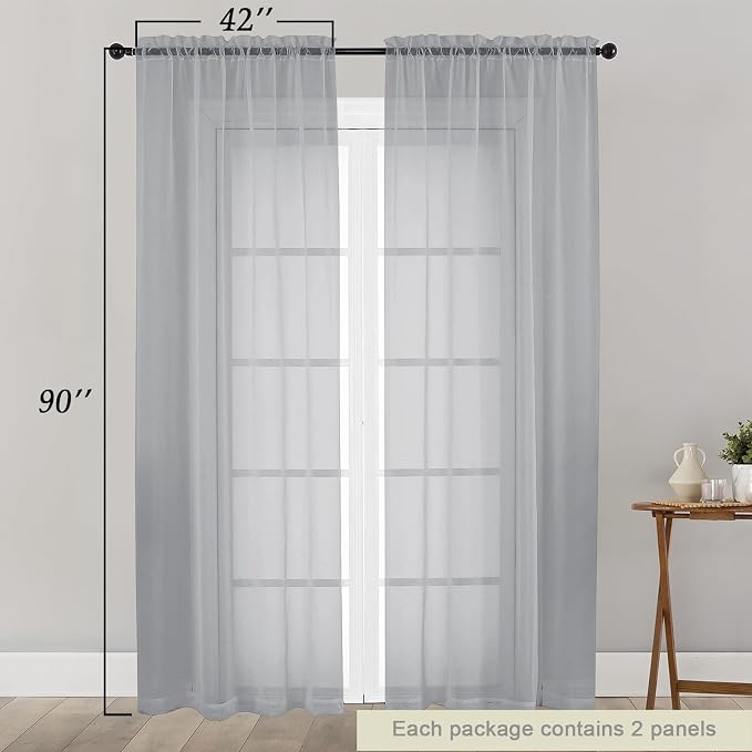 Sheer Light Grey Curtains for Bedroom Living Room 90 Inches Long 2 Panels Set - Image 2
