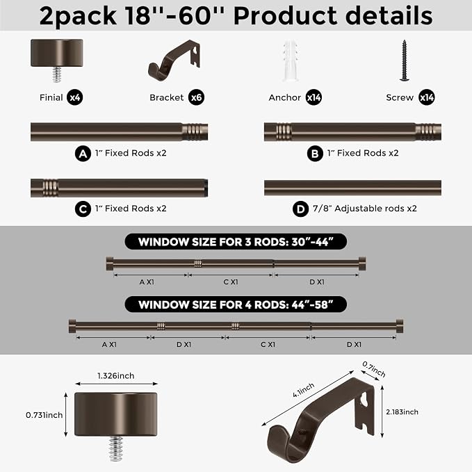 VOIIY 2 Pack Curtain Rods for Windows 28 to 48 Inch, Bronze 1'' Diameter - Image 9
