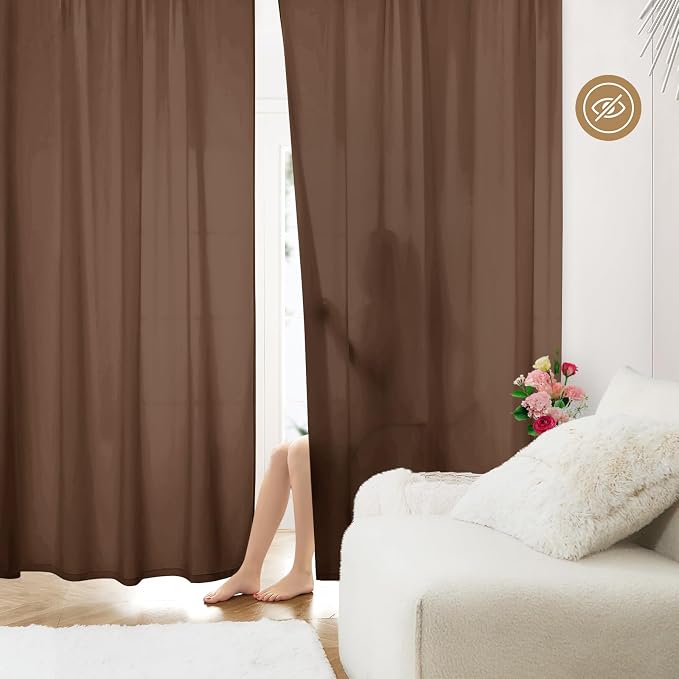 HOMEIDEAS Non-See-Through Brown Privacy Sheer Curtains, 52 X 54 Inches Long 2 - Image 2