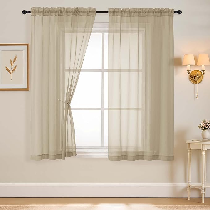 Taupe Sheer Curtains 63 Inch Length 2 Panels, Voile Sheer Curtain by Home