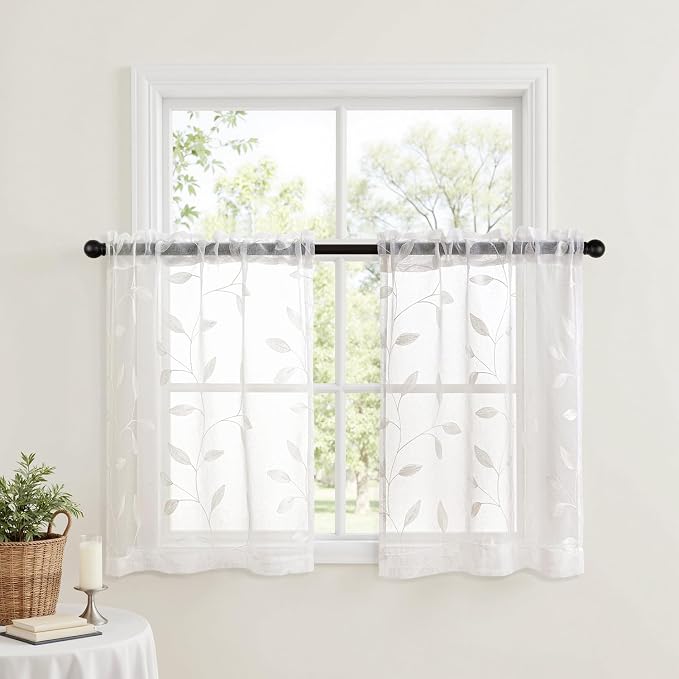 MIULEE White Sheer Curtains 2 Panels Embroidered Leaf Patterned Rod Pocket - Image 2
