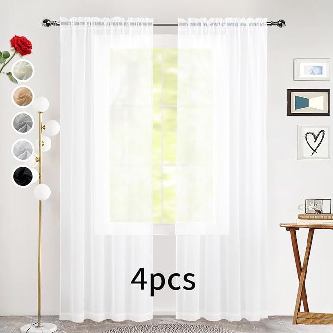 SpaceDresser Sheer White Curtains 4 Panels Rod Pocket Semi-Sheer Curtain 63 - Image 2