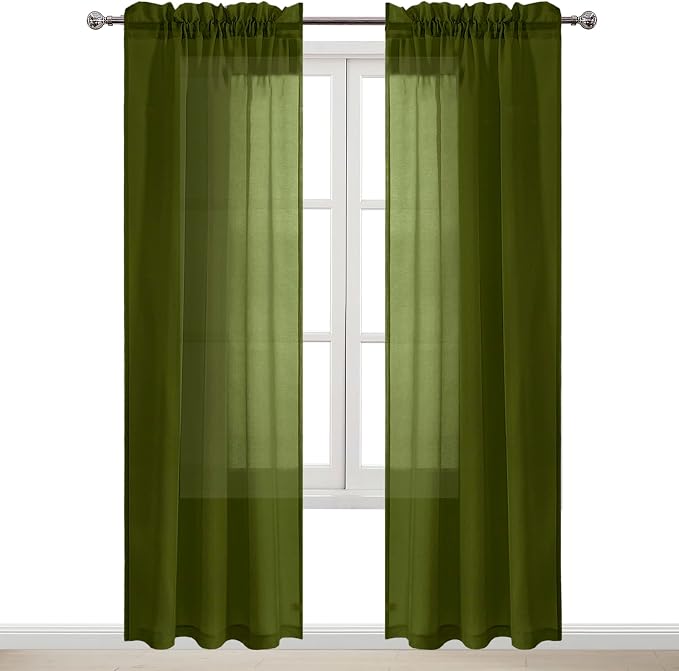 DWCN Olive Green Sheer Curtains Semi Transparent Voile Rod Pocket Curtains - Image 9
