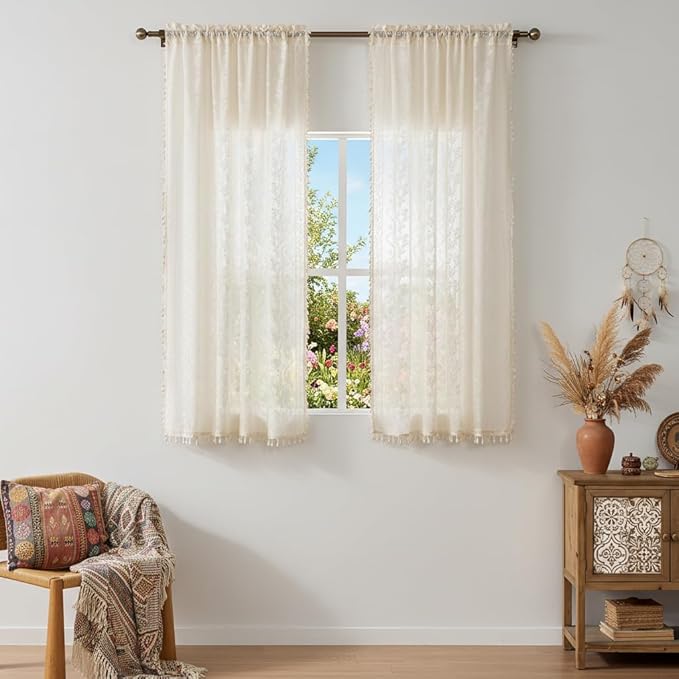 WAZZIO Boho Lace Curtains 2 Panels 63 Inches -Cute Vintage Victorian Sheer - Image 4