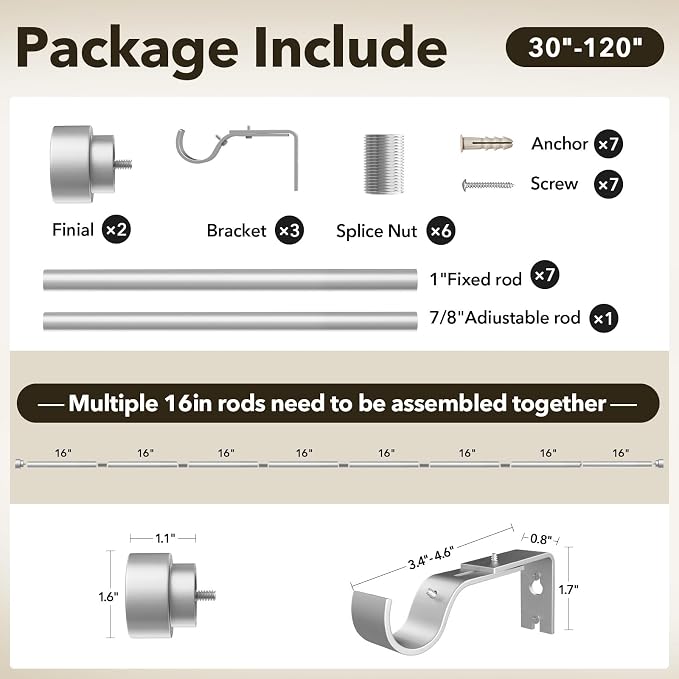IFELS Heavy Duty Curtain Rods for Windows 66 to 120 Inch, 1 Inch Silver Window - Image 7