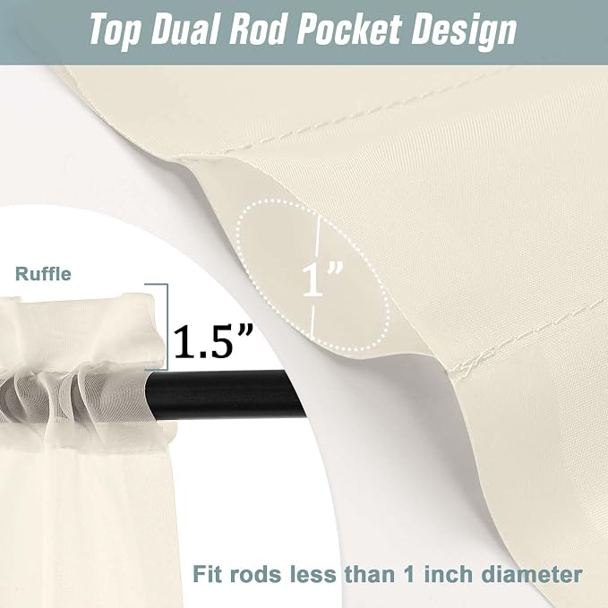 Cream Valances for Windows 14 inch Length 2 Panels Set, Small Voile Sheer - Image 3