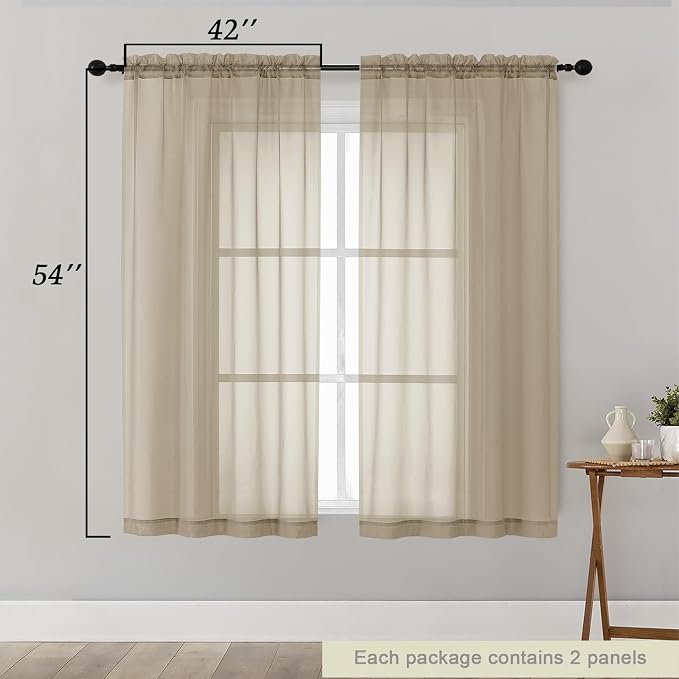 Sheer Taupe Curtains for Bedroom Living Room 54 Inch Length 2 Panels Set - Image 2