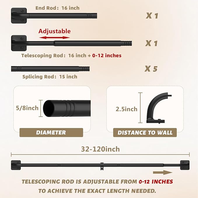 UIOSANRT Curtain Rods for Windows 66 to 120 Inch, 5/8" Diameter Black Ceiling - Image 5