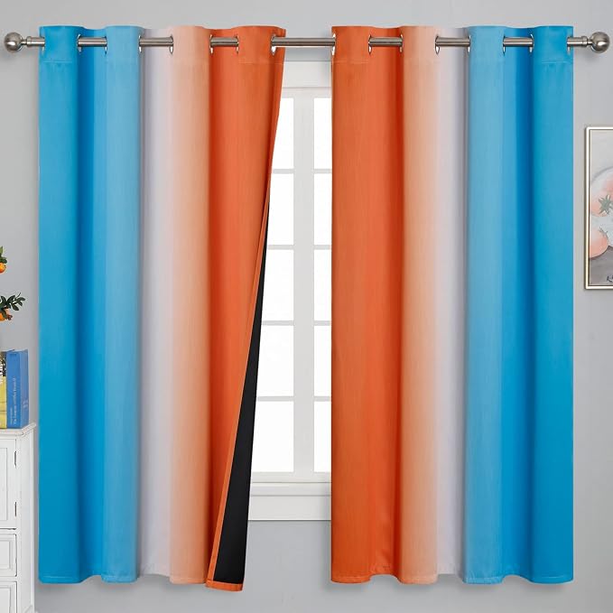 Ombre Orange and Blue Curtains 63 Inch Length 2 panels, Total Blackout Curtains - Image 2