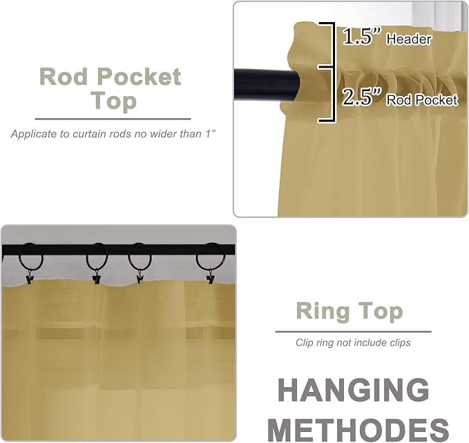 OWENIE Extra Long Gold Sheer Curtains 96 Inches Long 2 Panels Set, Soft - Image 4