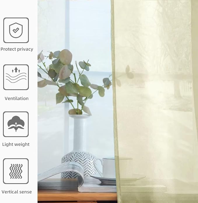 youleyar Solid Sheer Rod Pocket Curtain Voile Draperies 2 Panels White Beige - Image 5