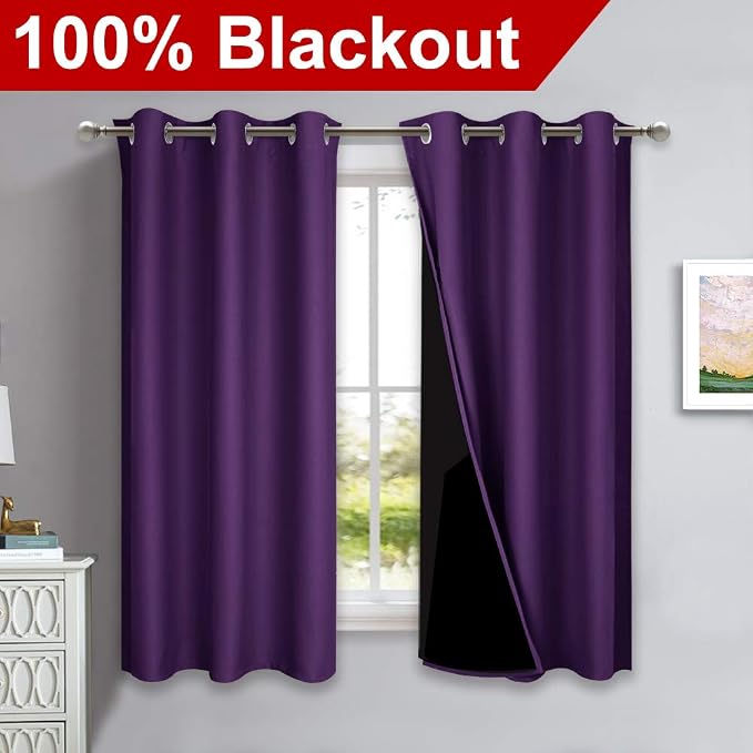 NICETOWN 100% Blackout Room Warming Curtains 45 inches Long, Royal Purple - Image 2