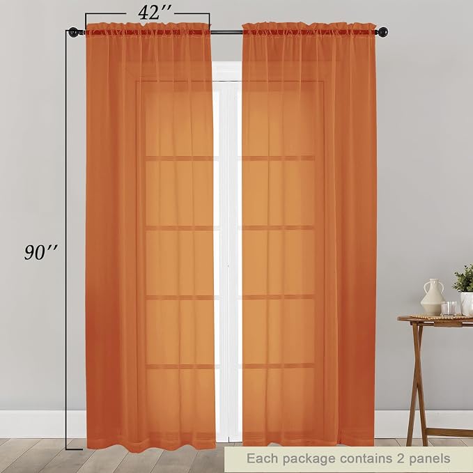 Sheer Orange Curtains for Bedroom Living Room 90 Inches Long 2 Panels Set - Image 2