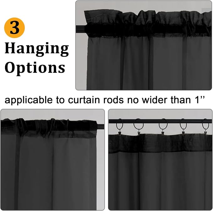 Gwine Black Sheer Curtains 84 Inches Long 2 Panels Set, Light Filtering Sheer - Image 4