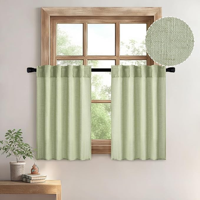 MIULEE Sage Green Kitchen Curtains 24 Inch Length 2 Panels, Soft Thick Linen by MIULEE