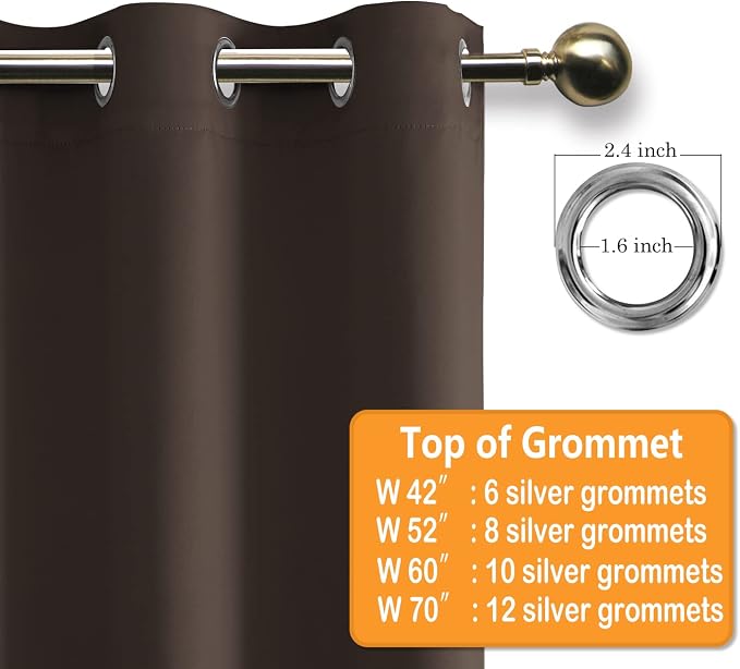 Grommet Blackout Curtains for Bedroom 60 x 72 Inches Brown 2 Panels | Thermal - Image 5