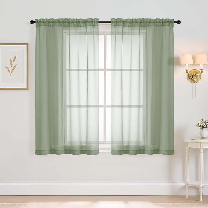 Sage Green Window Sheer Curtains 54 inch Length, Soft Airy Light Filtering by Home
