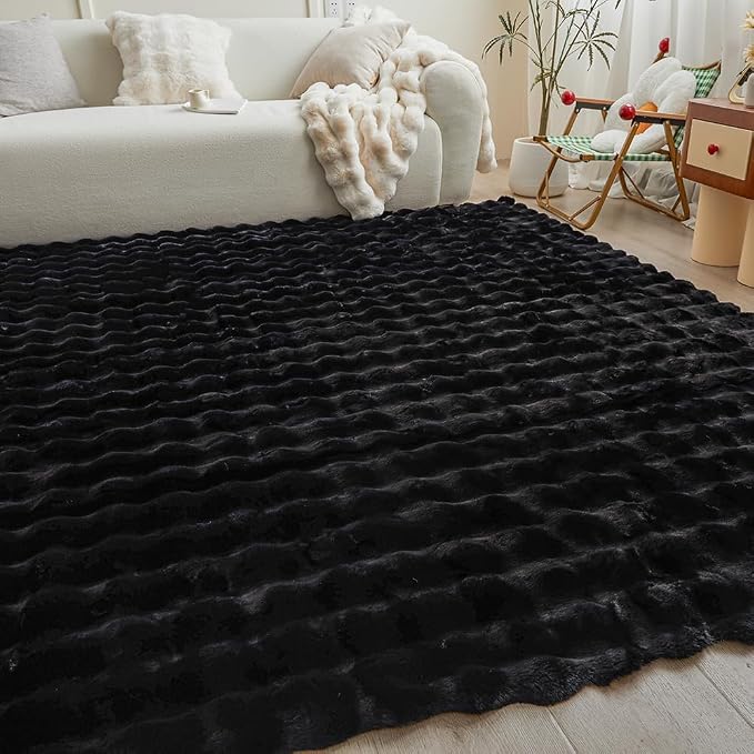 Black Rabbit Plush Rug 6'x9', Fluffy Faux Fur Shaggy Area Rug - Image 5