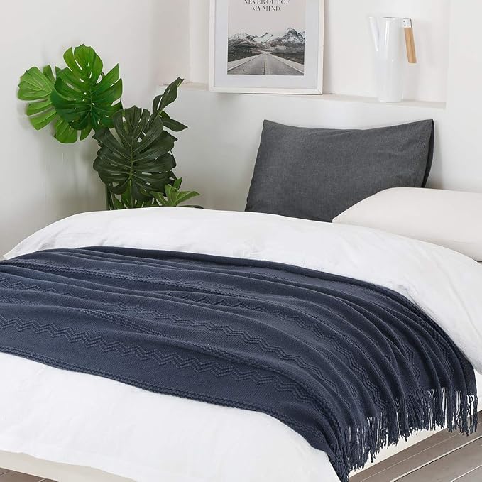 BOURINA Navy Throw Blanket 60x80 Inches Throw Textured Solid Soft Sofa Throw - Image 4