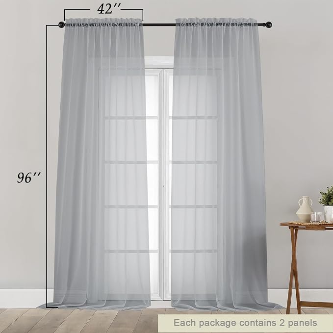 Light Grey Sheer Curtains for Bedroom Living Room 96 Inches Long 2 Panels - Image 2