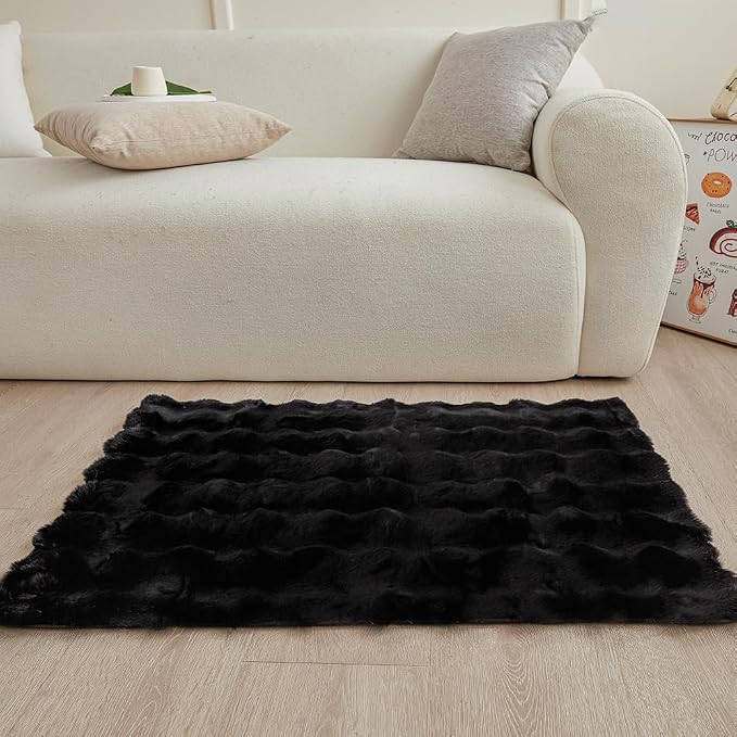 Black Rabbit Plush Rug 2'x3', Fluffy Faux Fur Shaggy Area Rug - Image 2